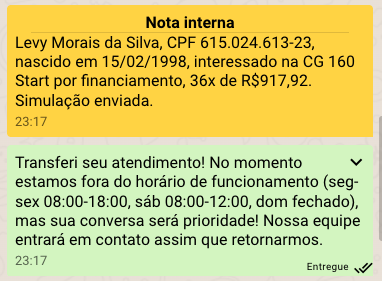 Nota interna real no Teia CRM